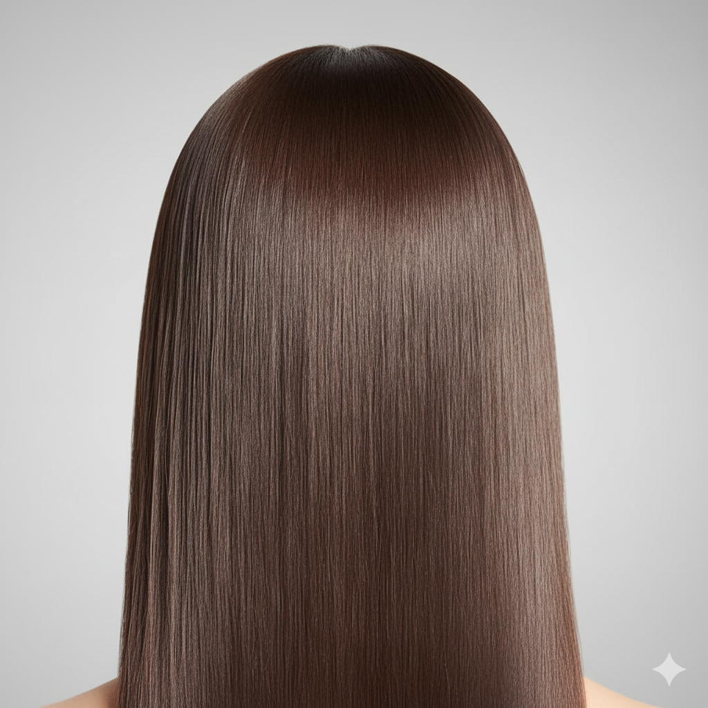 Close-up of smooth, shiny, and frizz-free hair after serum application